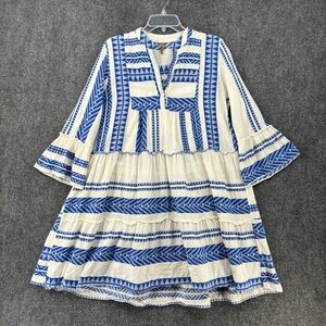 New Collection White Blue Boho Grecian Mini Dress Oversized Women’s Med Gauzy